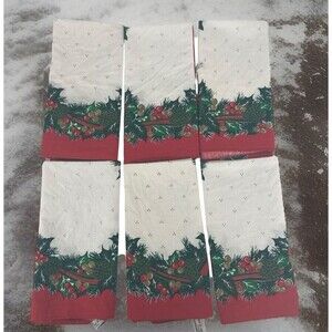 Sunweave Linen Set of 6 Holly & Pinecones Napkins Christmas Holidays Vintage